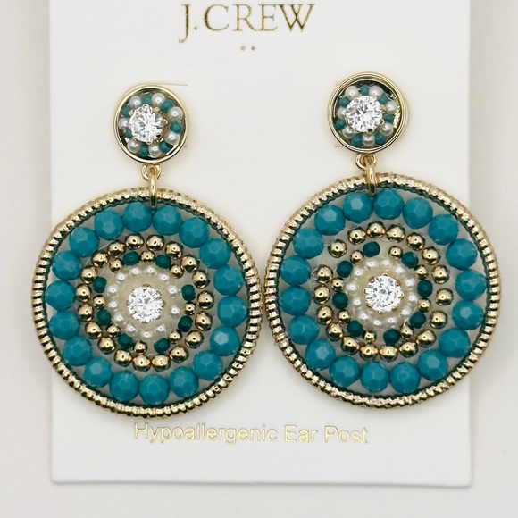 J. Crew Jewelry - NEW J. CREW Teal Beaded Circle Statement Earrings